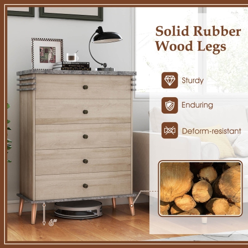 Costway 5-Drawer Dresser Farmhouse Chest of Drawers with Rubber Wood Legs Anti-tipping Kit