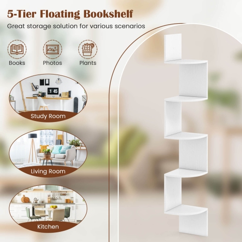 Costway 1/2 PCS 5-Tier Floating Bookshelf with Safe Round Edge Space-Saving Plant Display Shelf Brown/White/Gray