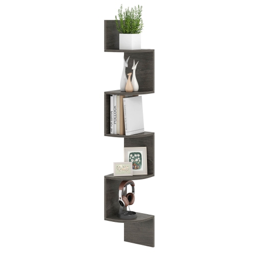 COSTWAY  1/2 PCs 5-Tier Floating Bookshelf With Safe Round Edge Space-Saving Plant Display Shelf Brown/white/gray