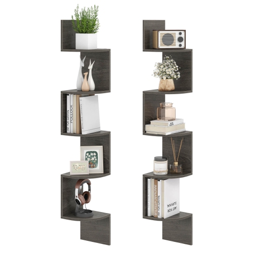 COSTWAY  1/2 PCs 5-Tier Floating Bookshelf With Safe Round Edge Space-Saving Plant Display Shelf Brown/white/gray