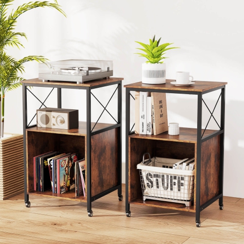 Costway Mobile Record Player Stand with Power Outlet Open Shelf & Dividers Metal Frame
