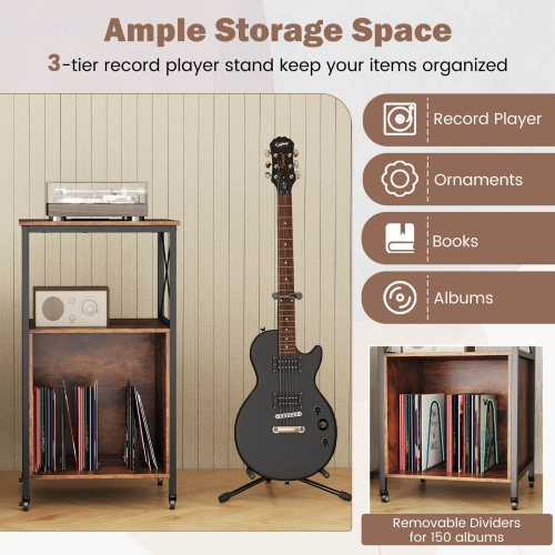 Costway Mobile Record Player Stand with Power Outlet Open Shelf & Dividers Metal Frame