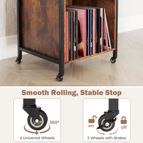 Costway Mobile Record Player Stand with Power Outlet Open Shelf & Dividers Metal Frame