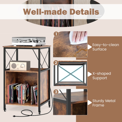 Costway Mobile Record Player Stand with Power Outlet Open Shelf & Dividers Metal Frame