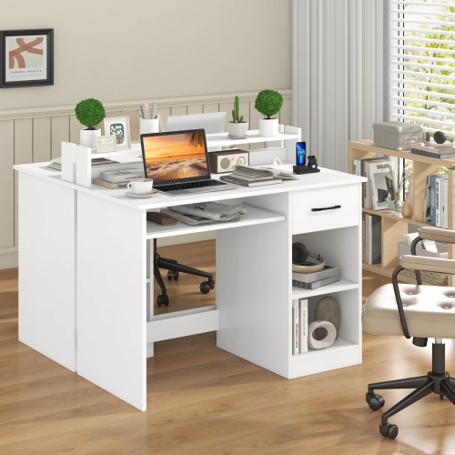 Costway White Computer Desk with Charging Station Drawer Removable & Adjustable Shelf