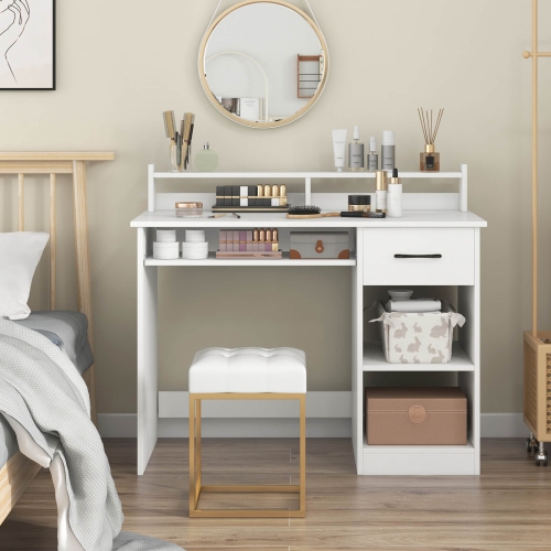 Costway White Computer Desk with Charging Station Drawer Removable & Adjustable Shelf