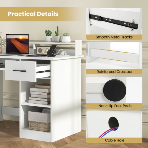 Costway White Computer Desk with Charging Station Drawer Removable & Adjustable Shelf