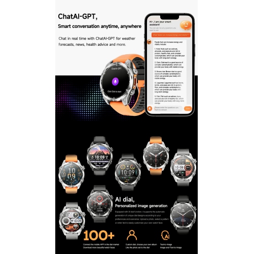 Montre intelligente tactique TUT pour hommes 1,43 cadran | Boussole Flashlight Chat-GPT 3TAM étanche | Moniteur d'activité et de santé robuste |