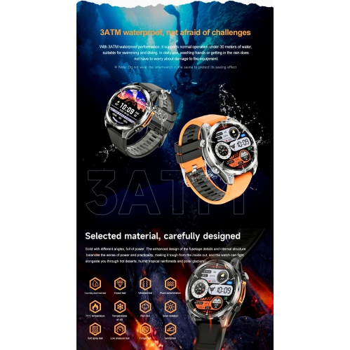 Montre intelligente tactique TUT pour hommes 1,43 cadran | Boussole Flashlight Chat-GPT 3TAM étanche | Moniteur d'activité et de santé robuste |