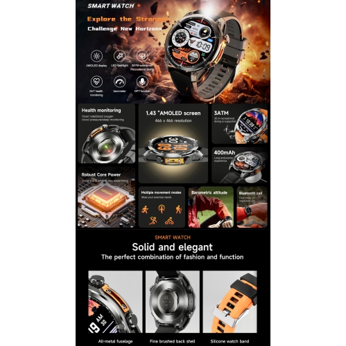 Montre intelligente tactique TUT pour hommes 1,43 cadran | Boussole Flashlight Chat-GPT 3TAM étanche | Moniteur d'activité et de santé robuste |