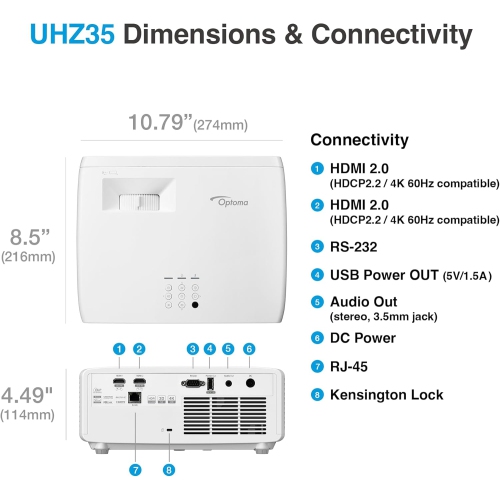Optoma UHZ35 Projector - 4K UHD Laser Projector for Home Theater and Gaming