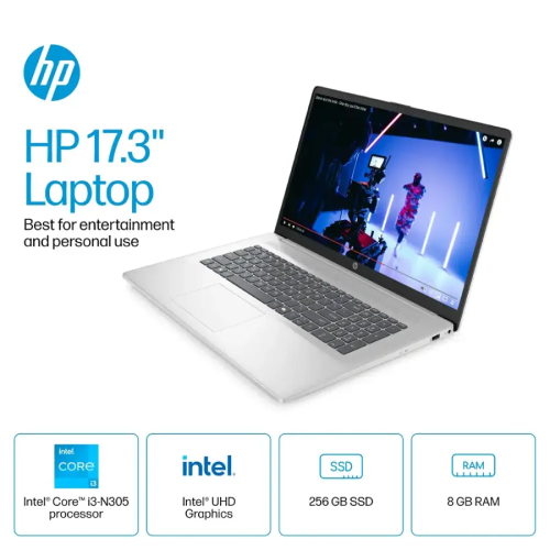 Portable à écran HD+ de 17 6 po de HP - Core i3 N305 d'Intel, DDR4 SSD 16 Go 256 Go PCIe, Windows 3 Famille, Wi-Fi 11, Bluetooth, HDMI