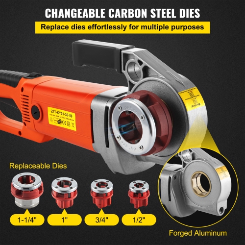 VEVOR 2300W Electric Pipe Threader, Pipe Threading Machine with 4 Dies 1/2" - 1 1/4", 110V Hand-held Pipe Threader Machine with Copper Motor,