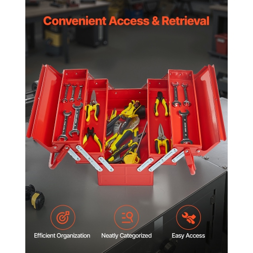 VEVOR 18-inch Metal Tool Box, 3-Tier 5-Tray Portable Folding Tool Chest Organizer with Handle & Lock Hole, Powder Coated Steel, Cantilever Toolbox
