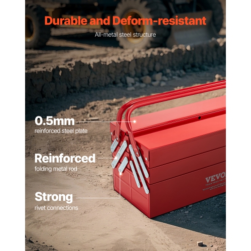 VEVOR 18-inch Metal Tool Box, 3-Tier 5-Tray Portable Folding Tool Chest Organizer with Handle & Lock Hole, Powder Coated Steel, Cantilever Toolbox