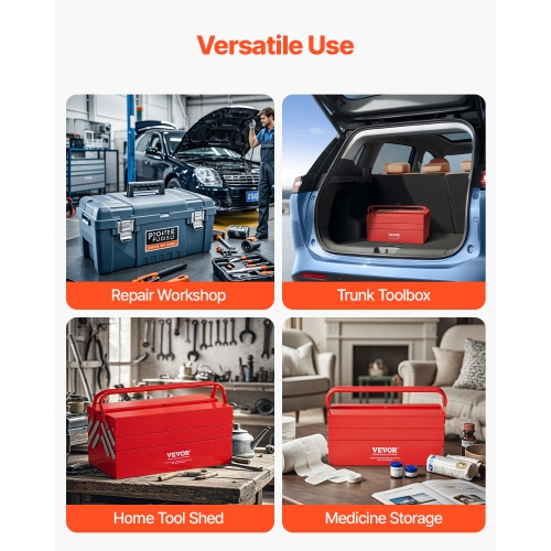 VEVOR 18-inch Metal Tool Box, 3-Tier 5-Tray Portable Folding Tool Chest Organizer with Handle & Lock Hole, Powder Coated Steel, Cantilever Toolbox