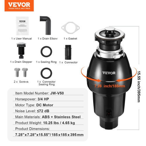 VEVOR 3/4HP 3250RPM Garbage Disposal, Continuous Feed Food Waste Disposer, EZ Connect Food Waste Grinding System with Sound Reduction, Power Cord &