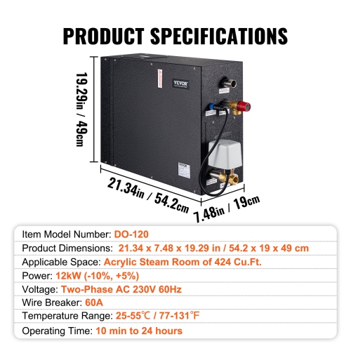 VEVOR 12KW Steam Shower Generator, Segmented Heating & Temperature Customization & 24h Timer Steam Kit, Automatic Drainage Home Steam Shower System