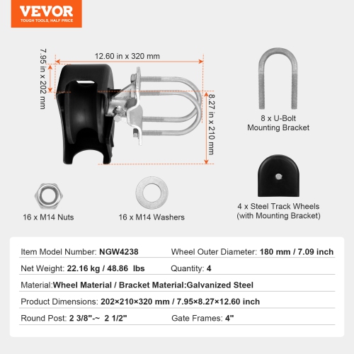 VEVOR 4 Track Sliding Gate Kit, Rolling Gate Hardware Kit w/ U-Shaped Wheel Groove for Cantilever Sliding Gates and Rolling Door, Sliding Gate