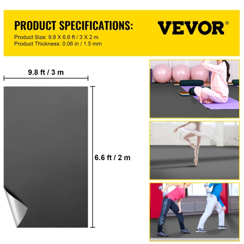 VEVOR 6.6x9.8ft Dance Floor Roll, 0.06in Thick PVC Vinyl, Black/Grey Reversible Portable Dance Floor, Non-Slip Dance Flooring, Ballet Dance Floor for