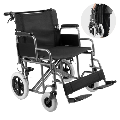 VEVOR 24-Inch Wide Wheelchair, Carbon Steel Transport Chair for Adults, Foldable, with Detachable Armrest, Self-locking Brake, 300lbs Weight