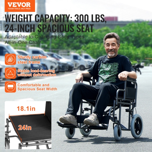 VEVOR 24-Inch Wide Wheelchair, Carbon Steel Transport Chair for Adults, Foldable, with Detachable Armrest, Self-locking Brake, 300lbs Weight