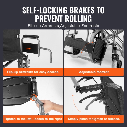 VEVOR 24-Inch Wide Wheelchair, Carbon Steel Transport Chair for Adults, Foldable, with Detachable Armrest, Self-locking Brake, 300lbs Weight