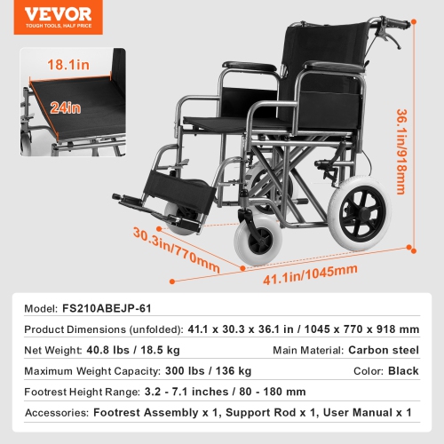 VEVOR 24-Inch Wide Wheelchair, Carbon Steel Transport Chair for Adults, Foldable, with Detachable Armrest, Self-locking Brake, 300lbs Weight