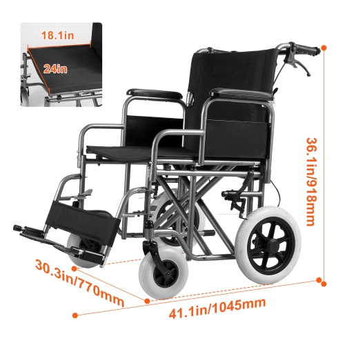VEVOR 24-Inch Wide Wheelchair, Carbon Steel Transport Chair for Adults, Foldable, with Detachable Armrest, Self-locking Brake, 300lbs Weight