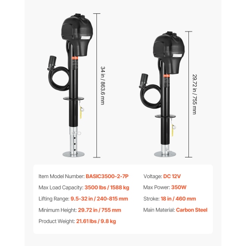 VEVOR 3500 lbs RV Electric Trailer Jack, Heavy Duty, with 7-pin Connector, Manual Crank Handle & Weatherproof Jack Cover, 9.5"-27.5" Lift, for