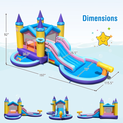 Costway nflatable Water Slide, 2 in 1 Castle Bounce House Water Slide with Ball Pit & Splash Pool for Kids Outdoor Fun