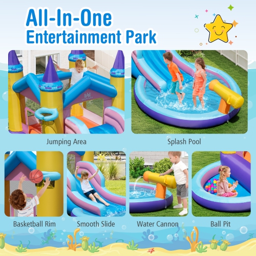 Costway nflatable Water Slide, 2 in 1 Castle Bounce House Water Slide with Ball Pit & Splash Pool for Kids Outdoor Fun