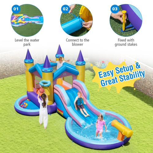 Costway nflatable Water Slide, 2 in 1 Castle Bounce House Water Slide with Ball Pit & Splash Pool for Kids Outdoor Fun