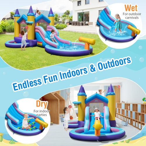 Costway nflatable Water Slide, 2 in 1 Castle Bounce House Water Slide with Ball Pit & Splash Pool for Kids Outdoor Fun
