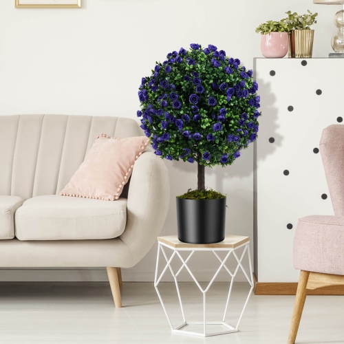 Costway Set of 2 Artificial Purple Rose Topiary Ball Trees 22" Faux Boxwood Ball Tree