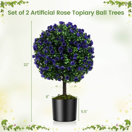 Costway Set of 2 Artificial Purple Rose Topiary Ball Trees 22" Faux Boxwood Ball Tree