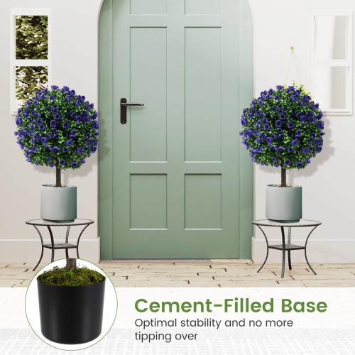 Costway Set of 2 Artificial Purple Rose Topiary Ball Trees 22" Faux Boxwood Ball Tree