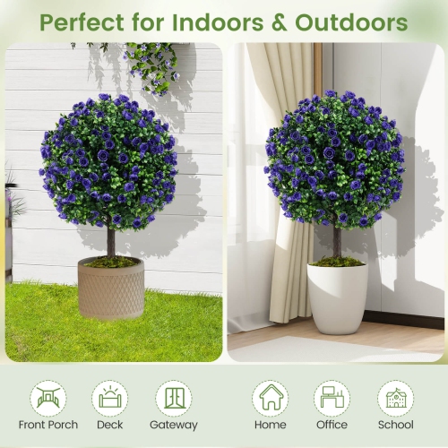 Costway Set of 2 Artificial Purple Rose Topiary Ball Trees 22" Faux Boxwood Ball Tree