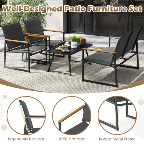 Ensemble de meubles de patio 4 PCS de Costway avec siège en tissu rembourré et accoudoirs en plastique
