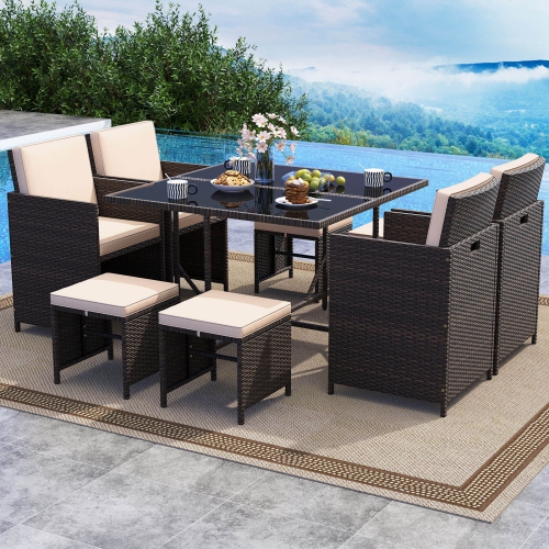 COSTWAY  9 PCs Patio Dining Set With Tempered Glass Table & Ottoman Removable Cushions Off-White/beige