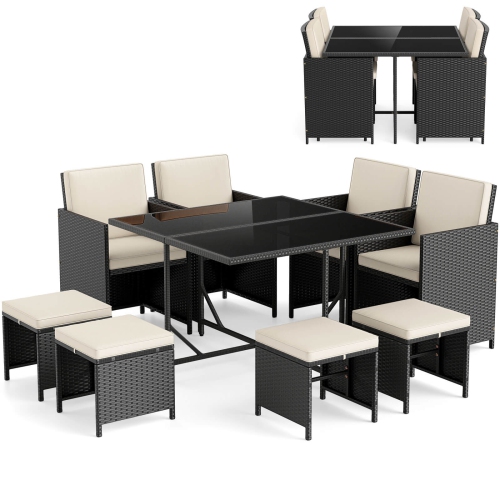 Ensemble patio 9 PCS de Costway avec table en verre trempé et pouf, coussins amovibles, blanc cassé/beige