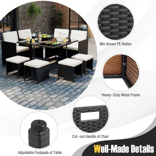 Ensemble patio 9 PCS de Costway avec table en verre trempé et pouf, coussins amovibles, blanc cassé/beige