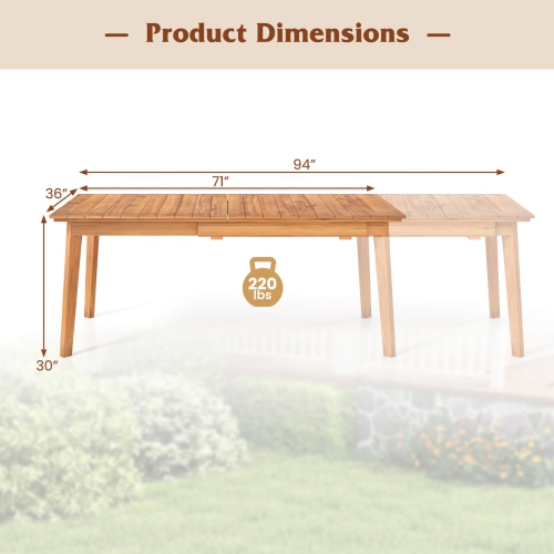 Costway 71"-94" Rectangular Teak Wood Table Patio Extendable Dining Table for 6-8 People,