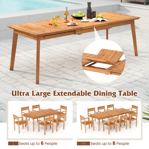 Costway 71"-94" Rectangular Teak Wood Table Patio Extendable Dining Table for 6-8 People,
