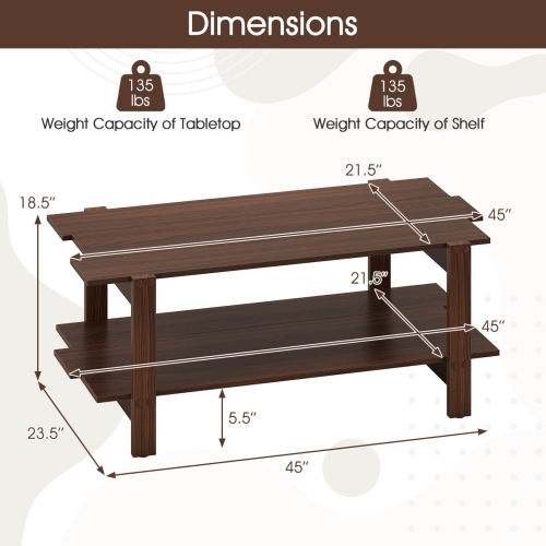Costway 2-Tier Coffee Table Irregular Center Table with Open Storage Shelf Cocktail Table Walnut/Black/Brown/White