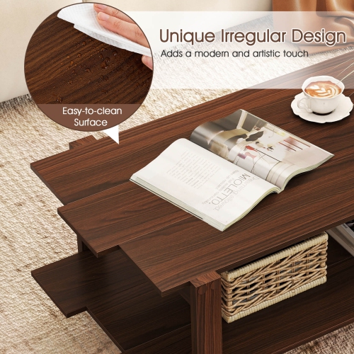 Costway 2-Tier Coffee Table Irregular Center Table with Open Storage Shelf Cocktail Table Walnut/Black/Brown/White