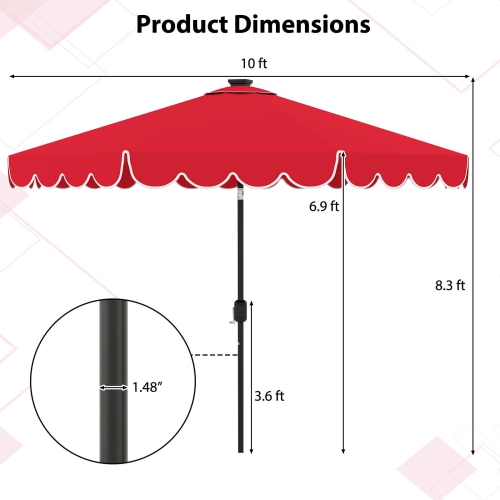 Costway 10 FT Solar Patio Umbrella with 24 LED Lights 8 Ribs & Tilt Adjustment Coffee/Turquoise/Red/Gray/Beige