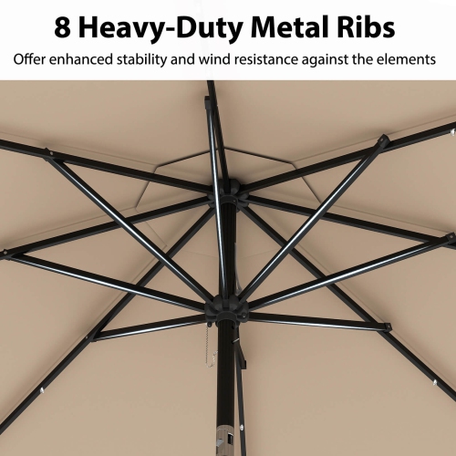 Costway 10 FT Solar Patio Umbrella with 24 LED Lights 8 Ribs & Tilt Adjustment Coffee/Turquoise/Red/Gray/Beige