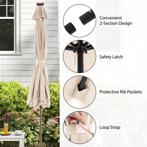 Costway 10 FT Solar Patio Umbrella with 24 LED Lights 8 Ribs & Tilt Adjustment Coffee/Turquoise/Red/Gray/Beige