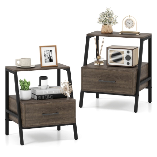 COSTWAY  1/2 PCs Nightstand With Drawer Farmhouse 3-Tier Bedside Table With Open Shelf End Table